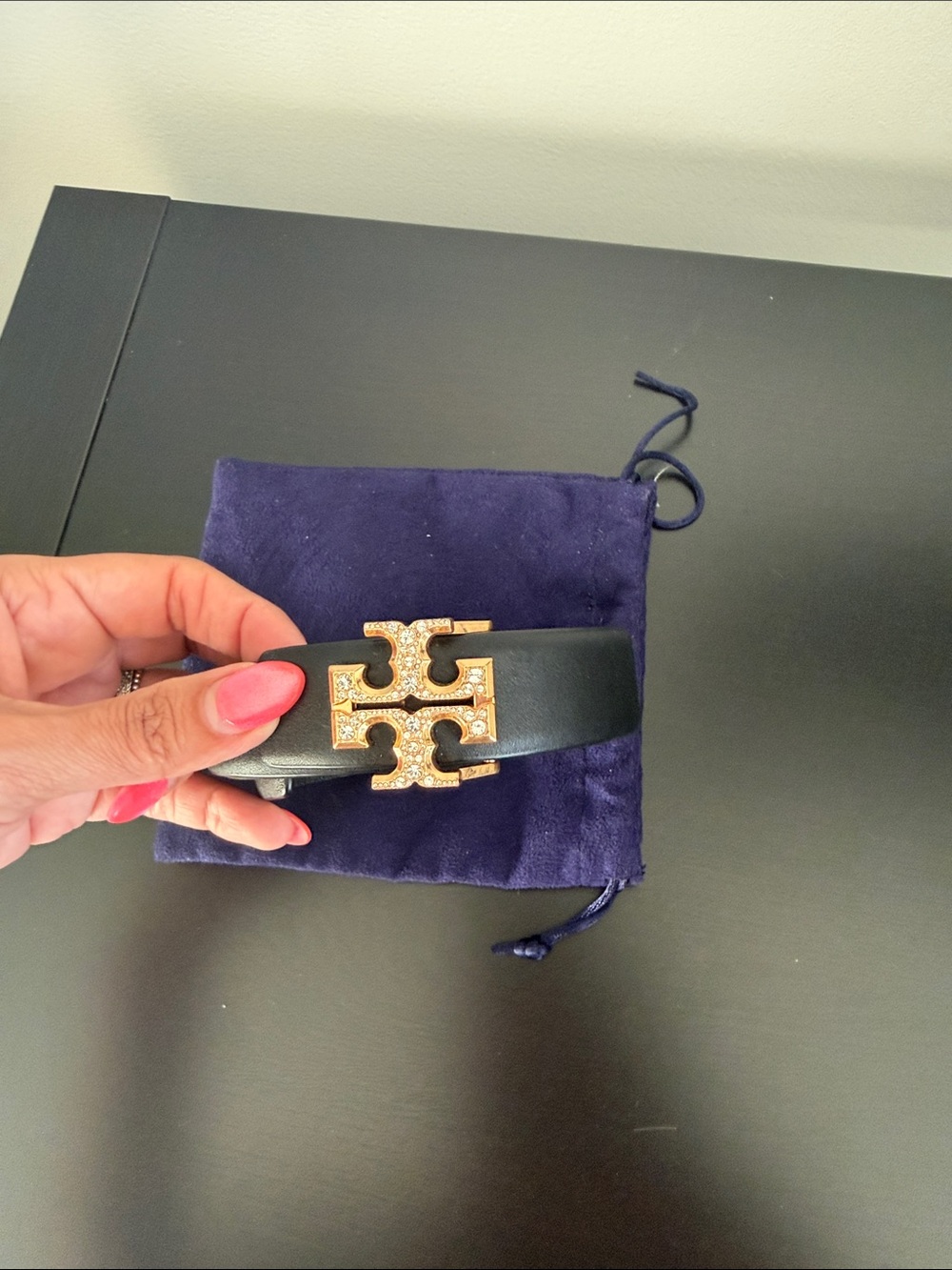 Tory Burch Black Leather Belt with Crystal Gold Logo Buckle